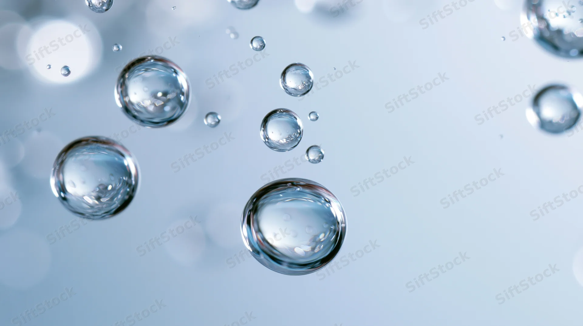 Transparent water bubbles and droplets floating in a soft blue background