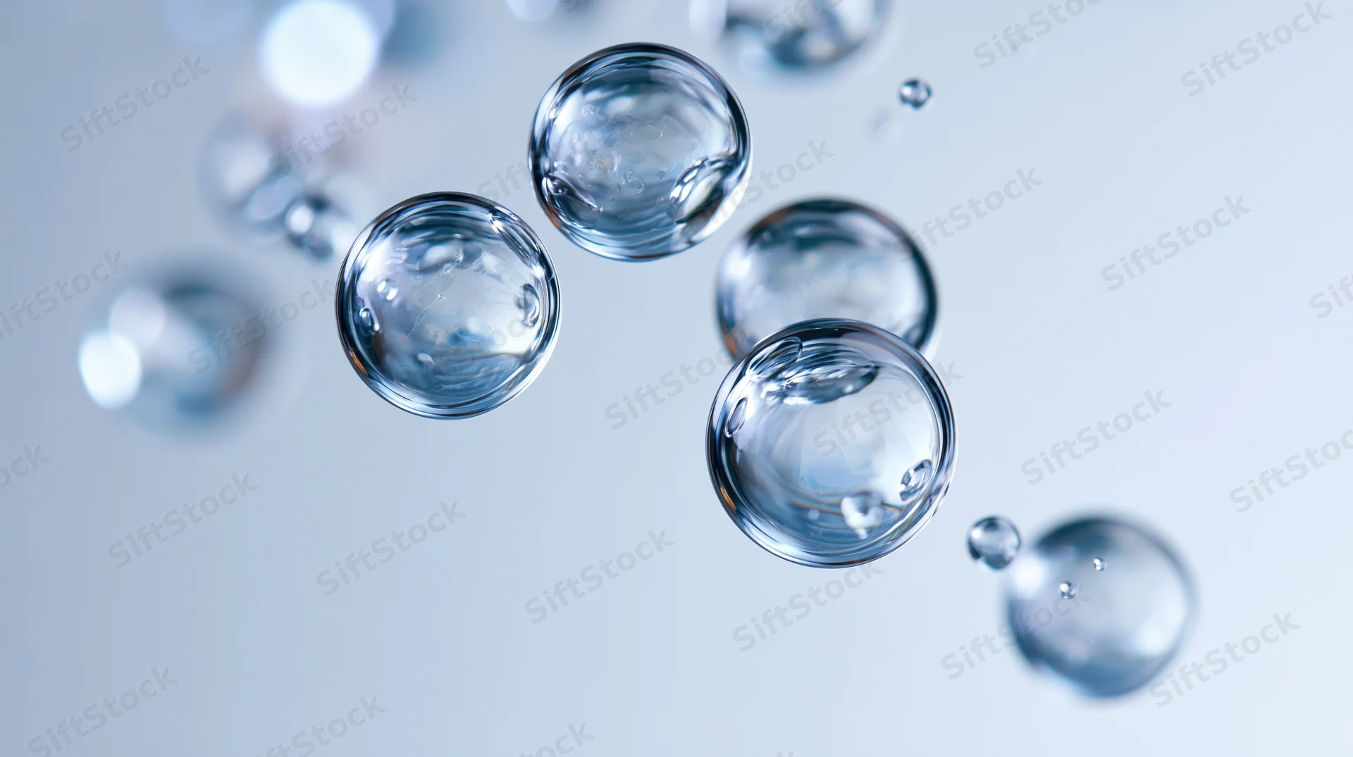 Transparent water bubbles and droplets floating in midair against a light background