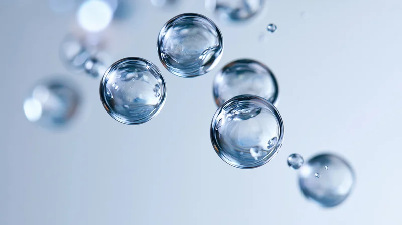 Transparent water bubbles and droplets floating in midair against a light background