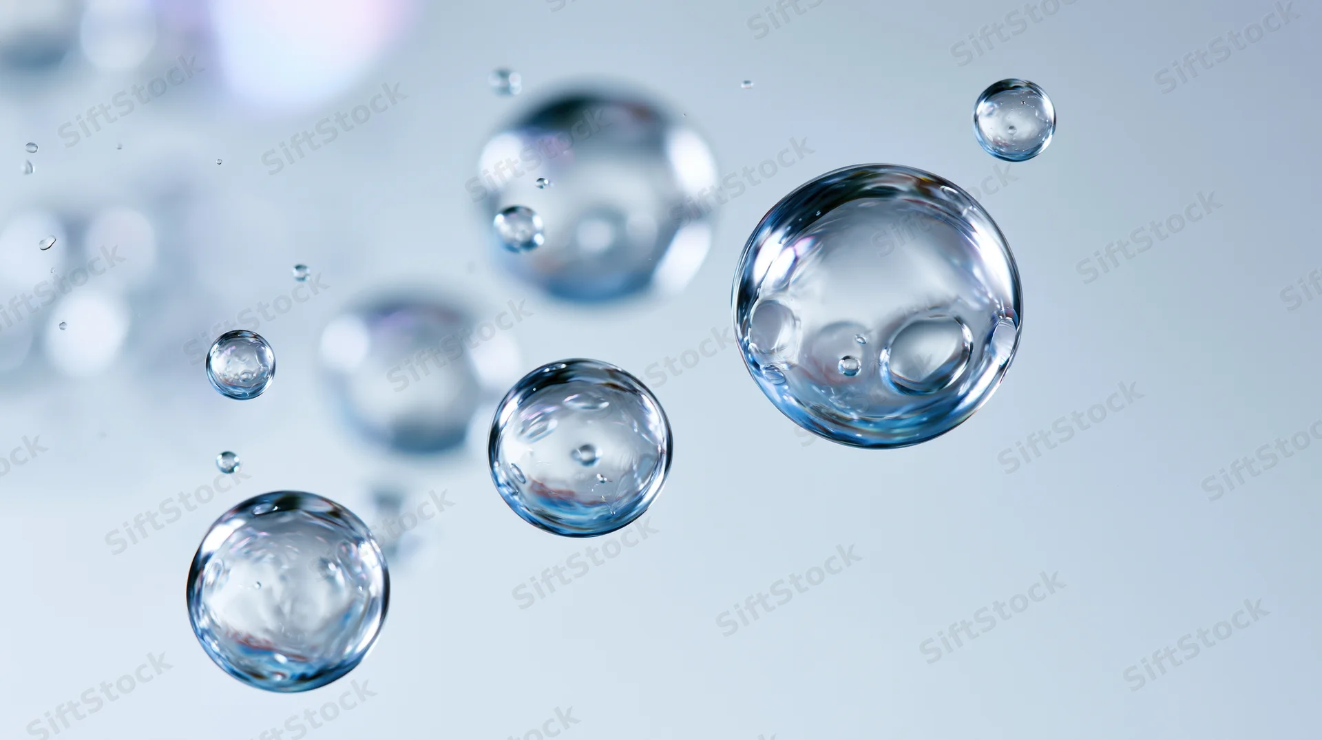 Transparent water bubbles and droplets floating in midair against a light background