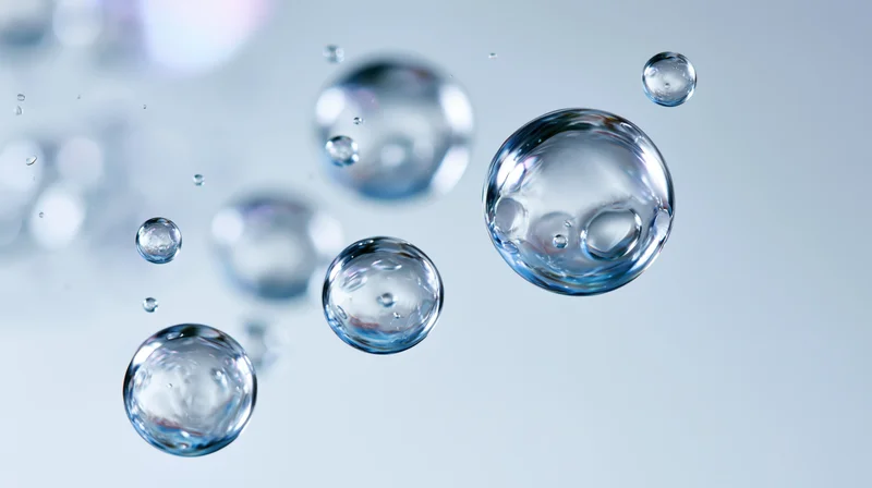 Transparent water bubbles and droplets floating in midair against a light background