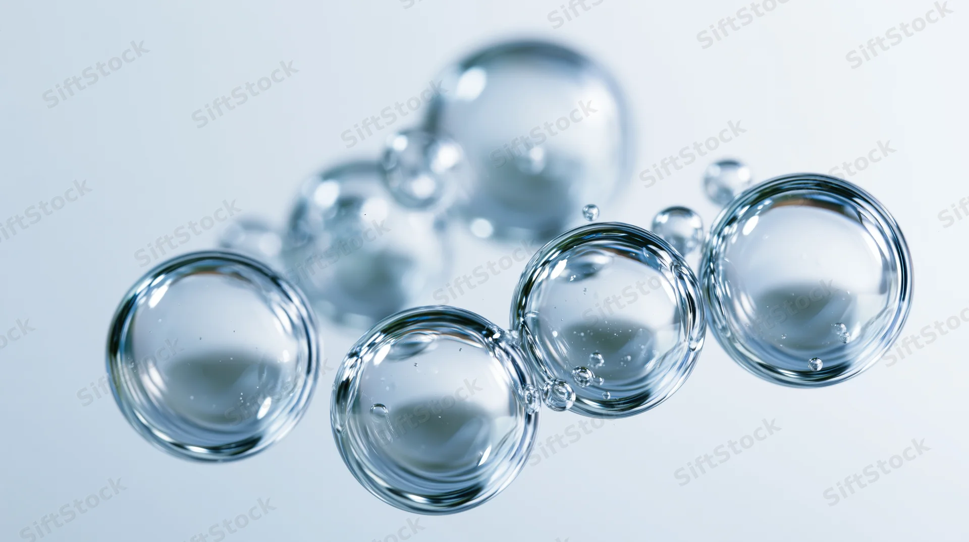 Transparent water bubbles floating in a cluster against a bright white background