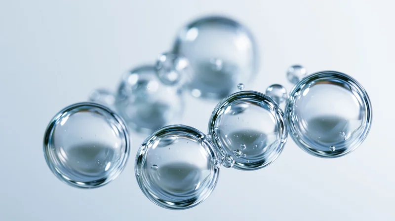 Transparent water bubbles floating in a cluster against a bright white background