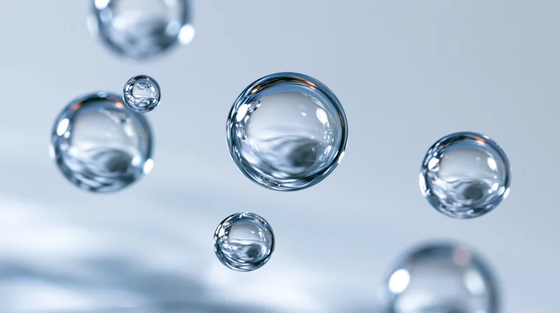 Transparent water bubbles floating in midair against a soft gray background