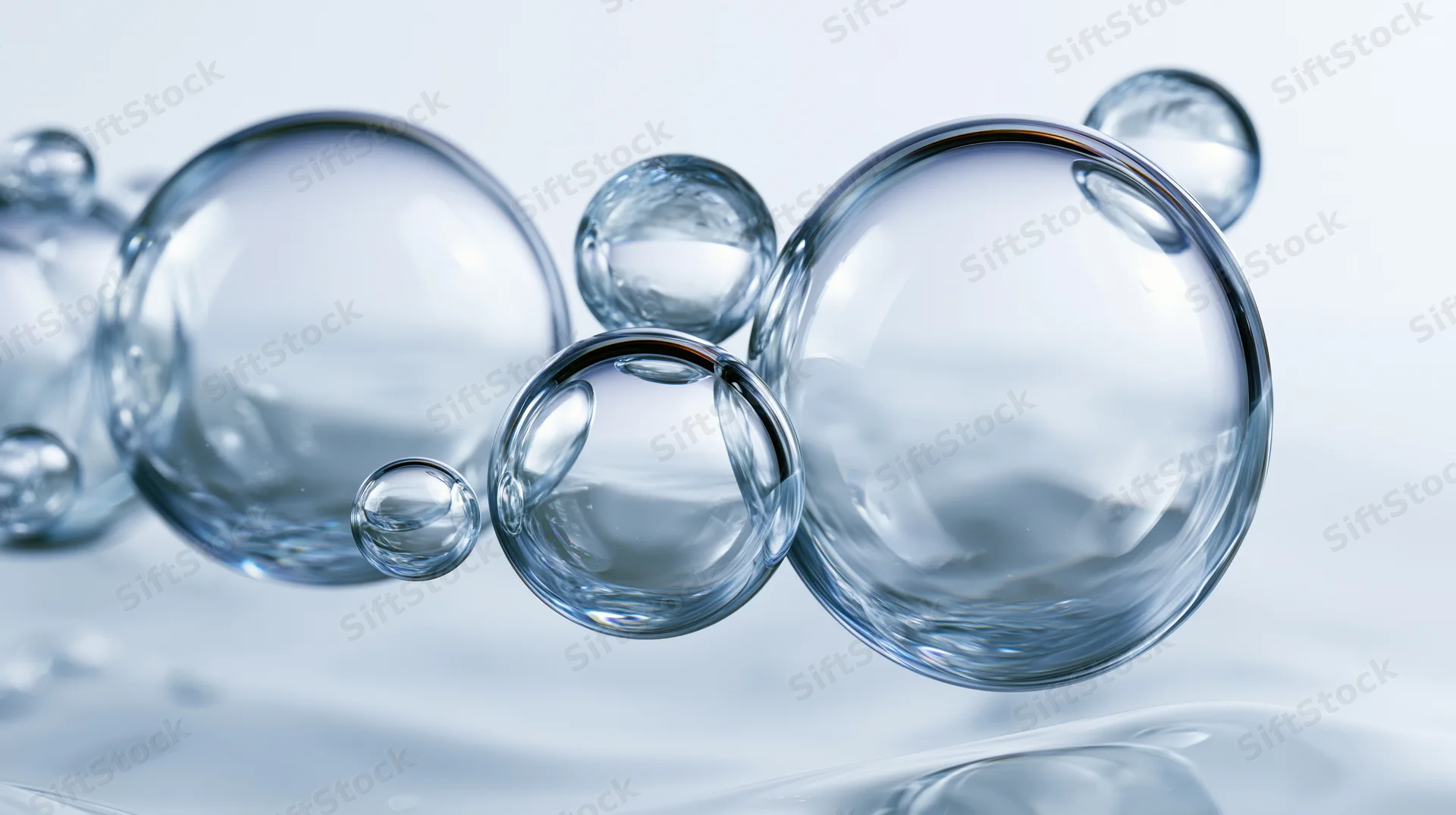 Transparent water bubbles of varying sizes floating above a reflective surface in a close-up macro view