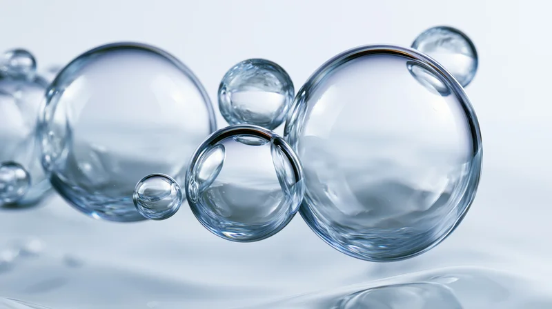 Transparent water bubbles of varying sizes floating above a reflective surface in a close-up macro view
