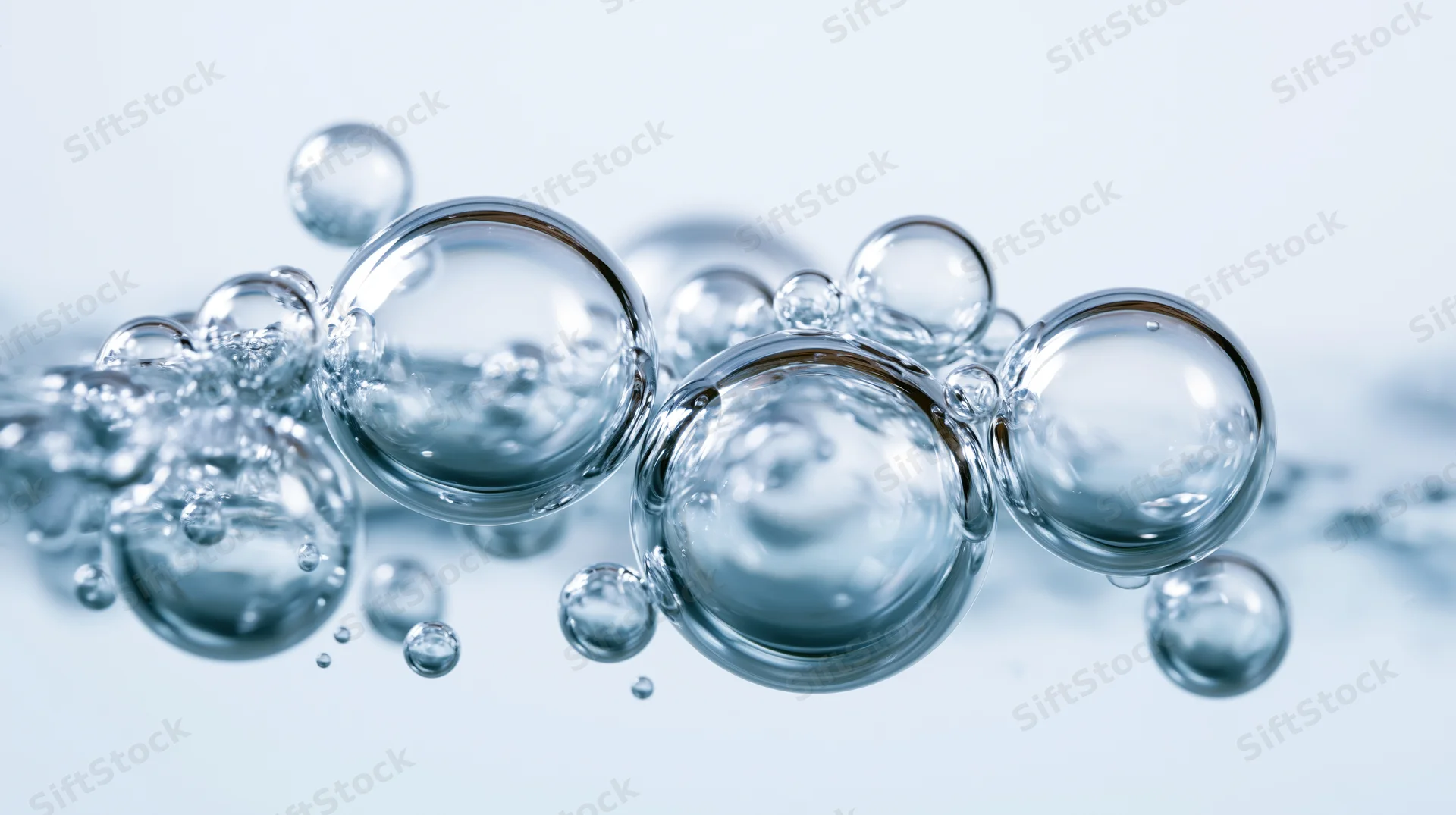 Transparent water bubbles of varying sizes floating in close-up view