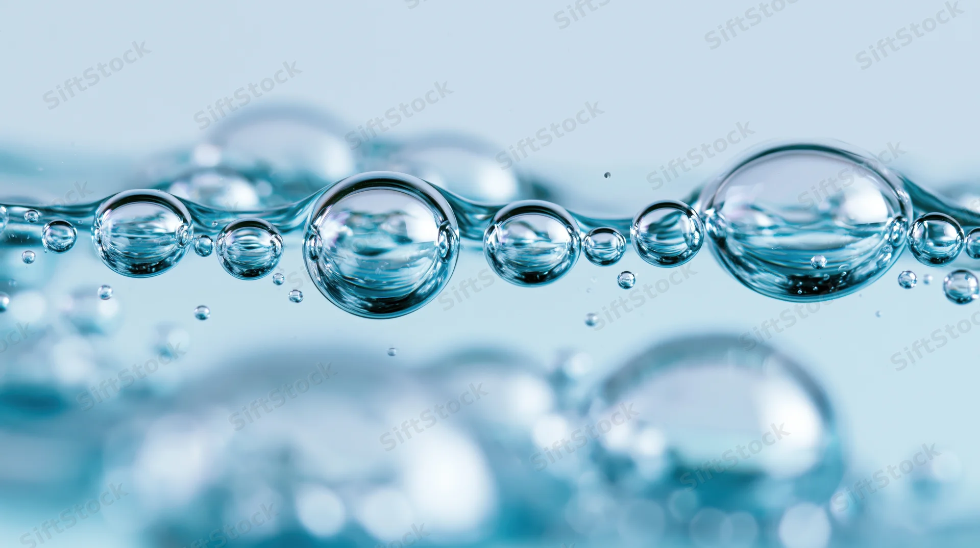 Macro closeup of transparent water bubbles suspended at liquid surface