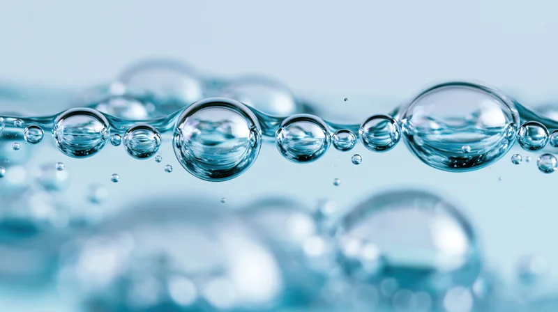 Macro closeup of transparent water bubbles suspended at liquid surface