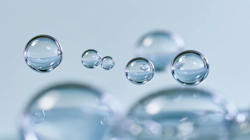 Transparent water bubbles floating in midair against a soft blue background