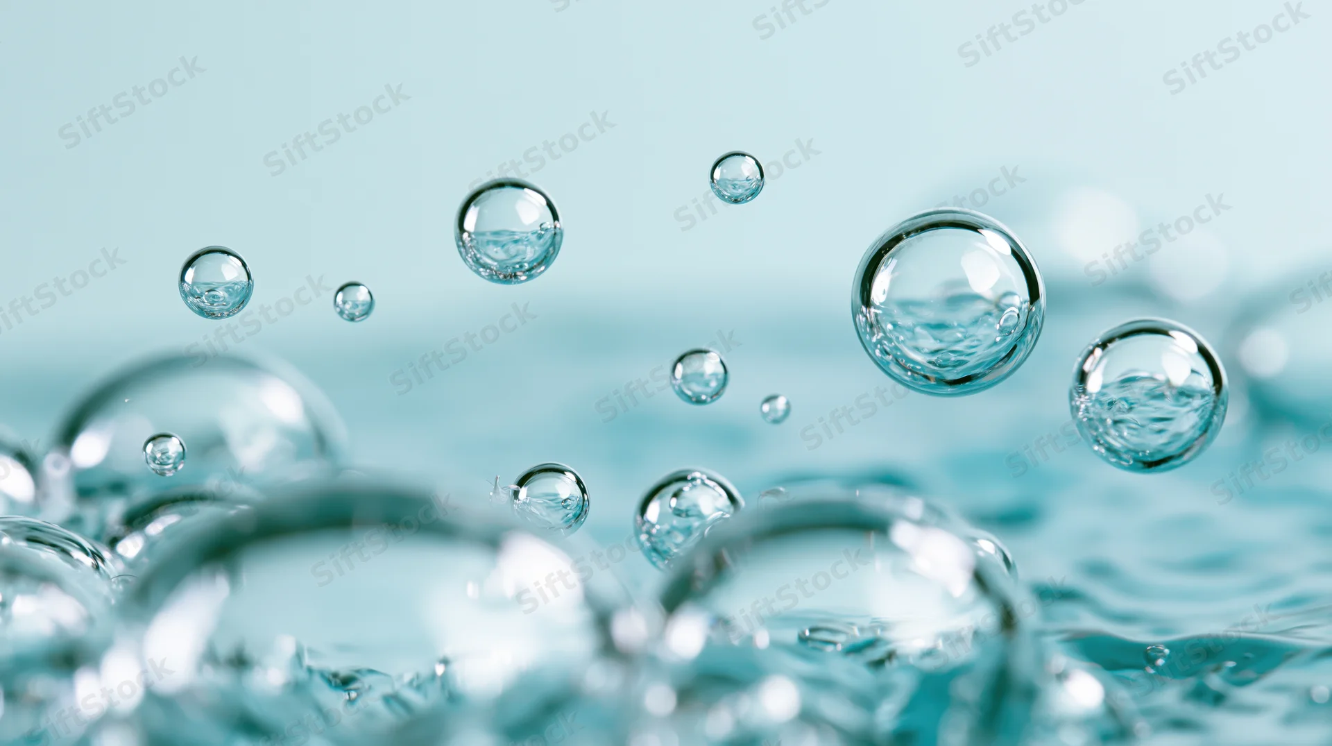 Water bubbles floating above rippling surface in macro closeup