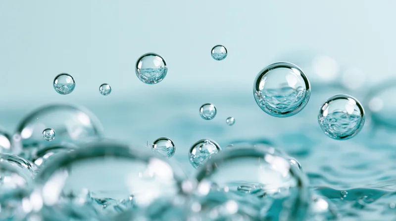 Water bubbles floating above rippling surface in macro closeup