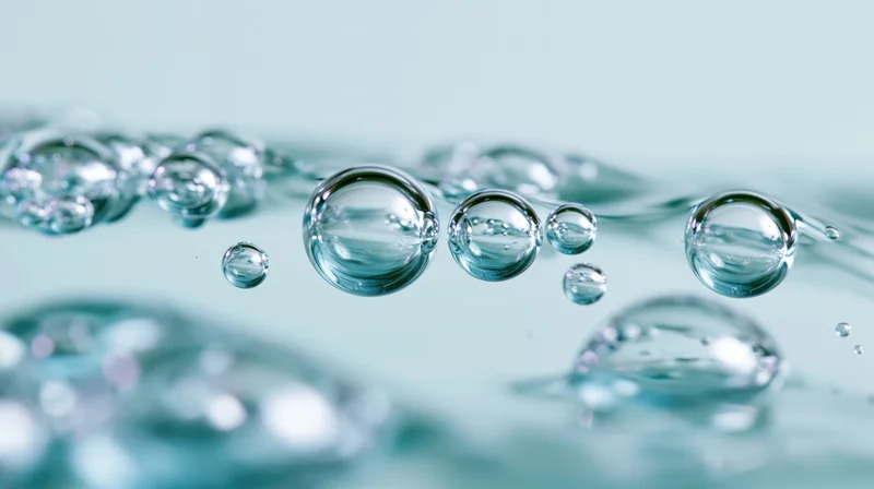 Transparent water bubbles suspended in liquid with shallow depth of field and soft blue background