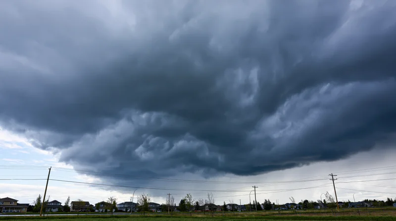 Massive dark storm clouds looming over a rural town with houses and powerlines below