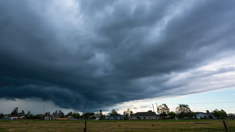 Dark storm clouds rolling over rural town with houses and fields below