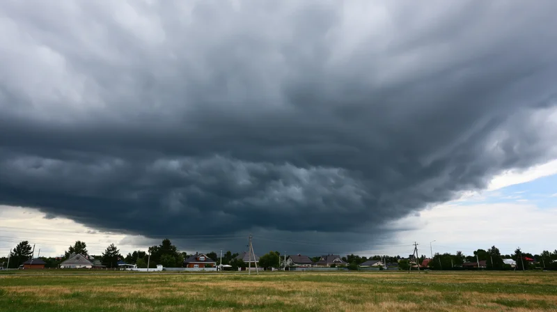 Dark storm clouds rolling over a rural town with houses and fields below