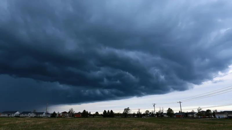 Dark storm clouds rolling over a rural town with houses and fields below