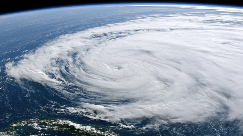 Massive hurricane system swirling over ocean viewed from low earth orbit