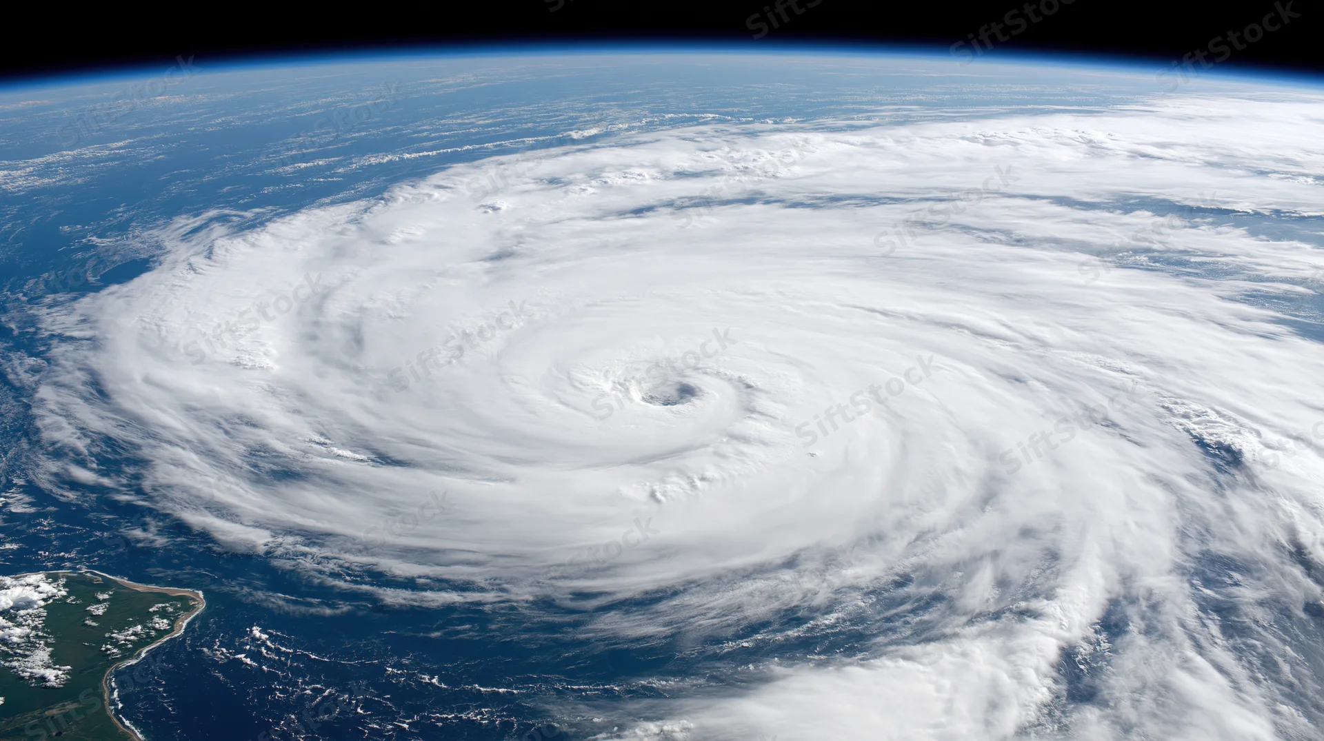 Massive hurricane swirling over ocean viewed from low earth orbit