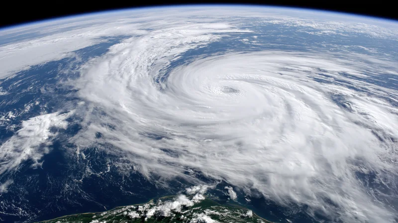 Massive hurricane system swirling over ocean viewed from low earth orbit