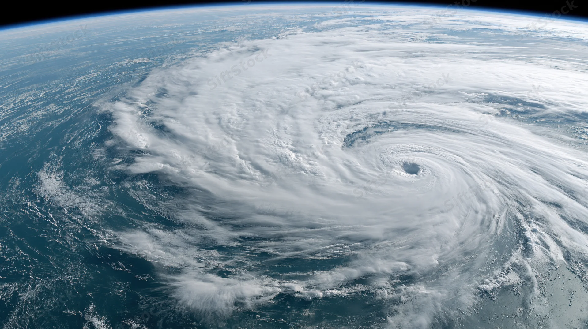 Massive hurricane swirling over ocean viewed from low earth orbit
