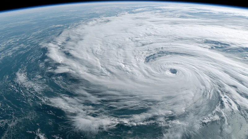 Massive hurricane swirling over ocean viewed from low earth orbit