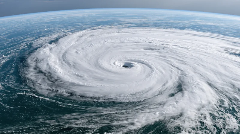 Massive hurricane viewed from low earth orbit showing spiral cloud pattern over ocean