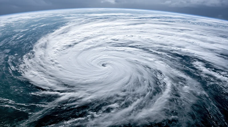 Massive hurricane viewed from low earth orbit showing spiral cloud formation over ocean
