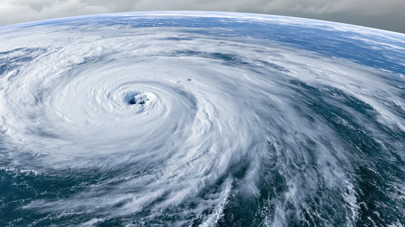 Massive hurricane with spiral cloud pattern viewed from low earth orbit over ocean