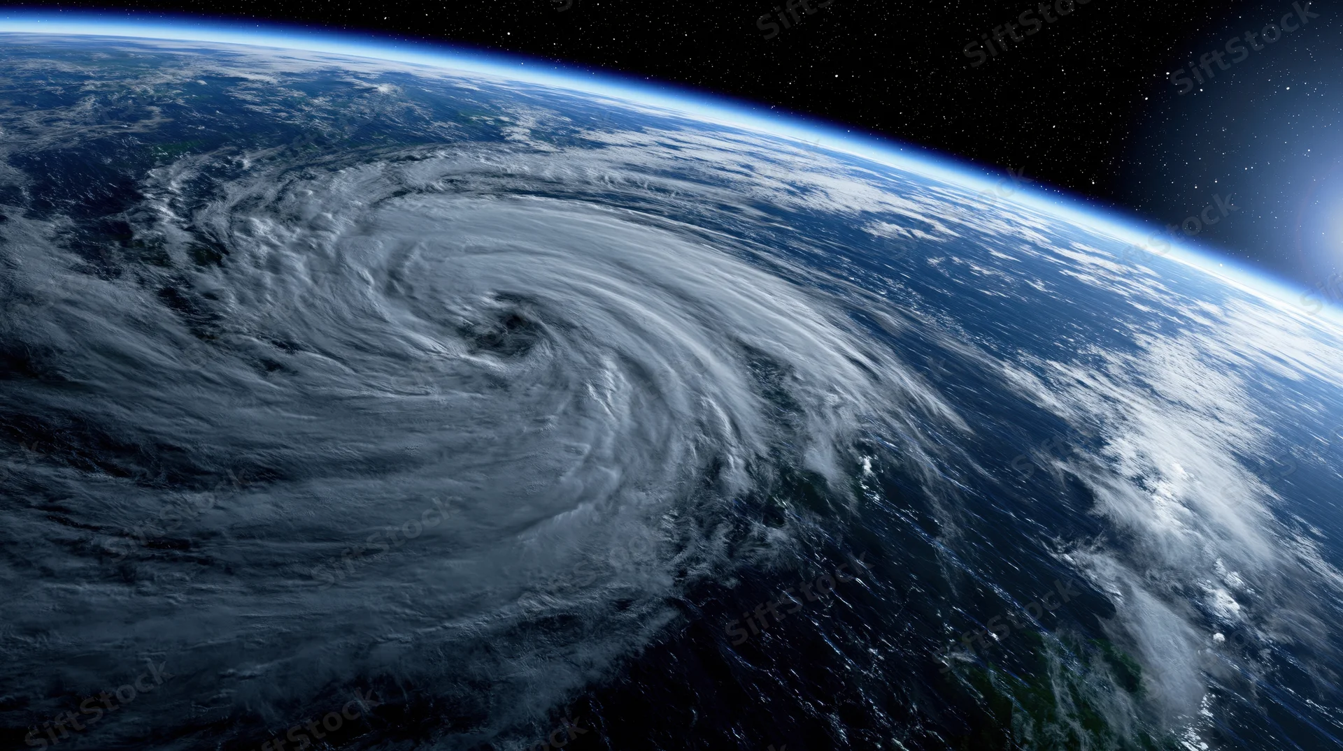 Massive hurricane swirling over earth's ocean surface viewed from low earth orbit