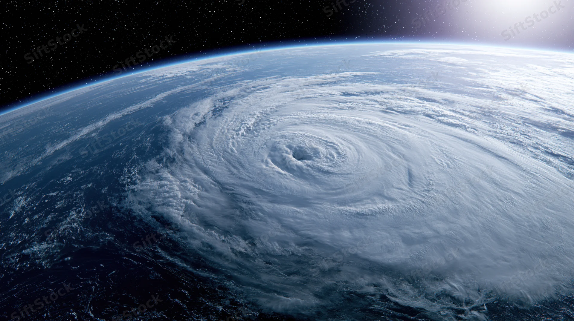 Massive hurricane swirling over earth's ocean surface viewed from low earth orbit