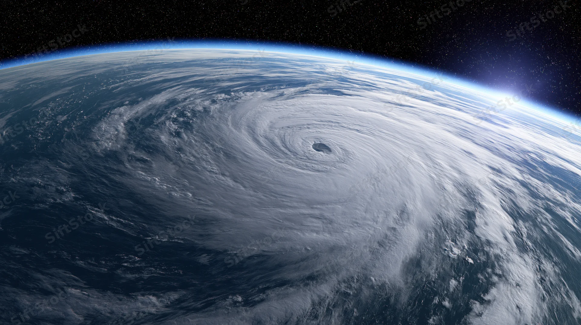 Massive hurricane swirling over earth's ocean surface viewed from low earth orbit