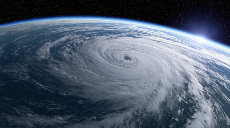 Massive hurricane swirling over earth's ocean surface viewed from low earth orbit