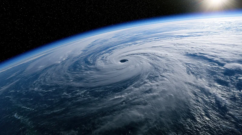 Massive hurricane swirling over earth's ocean surface viewed from low earth orbit