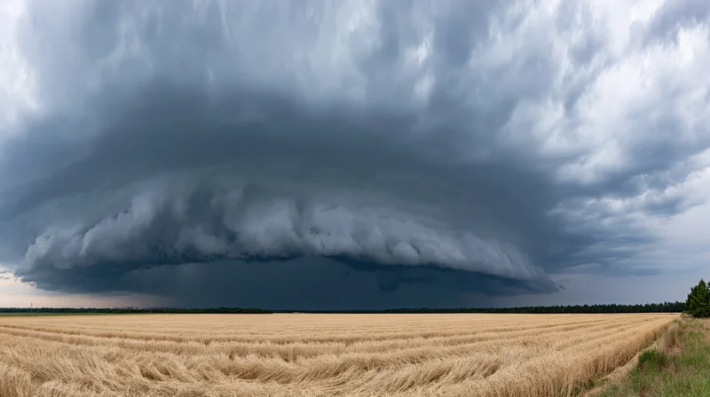 Massive supercell thunderstorm with rotating wall cloud over golden wheat field