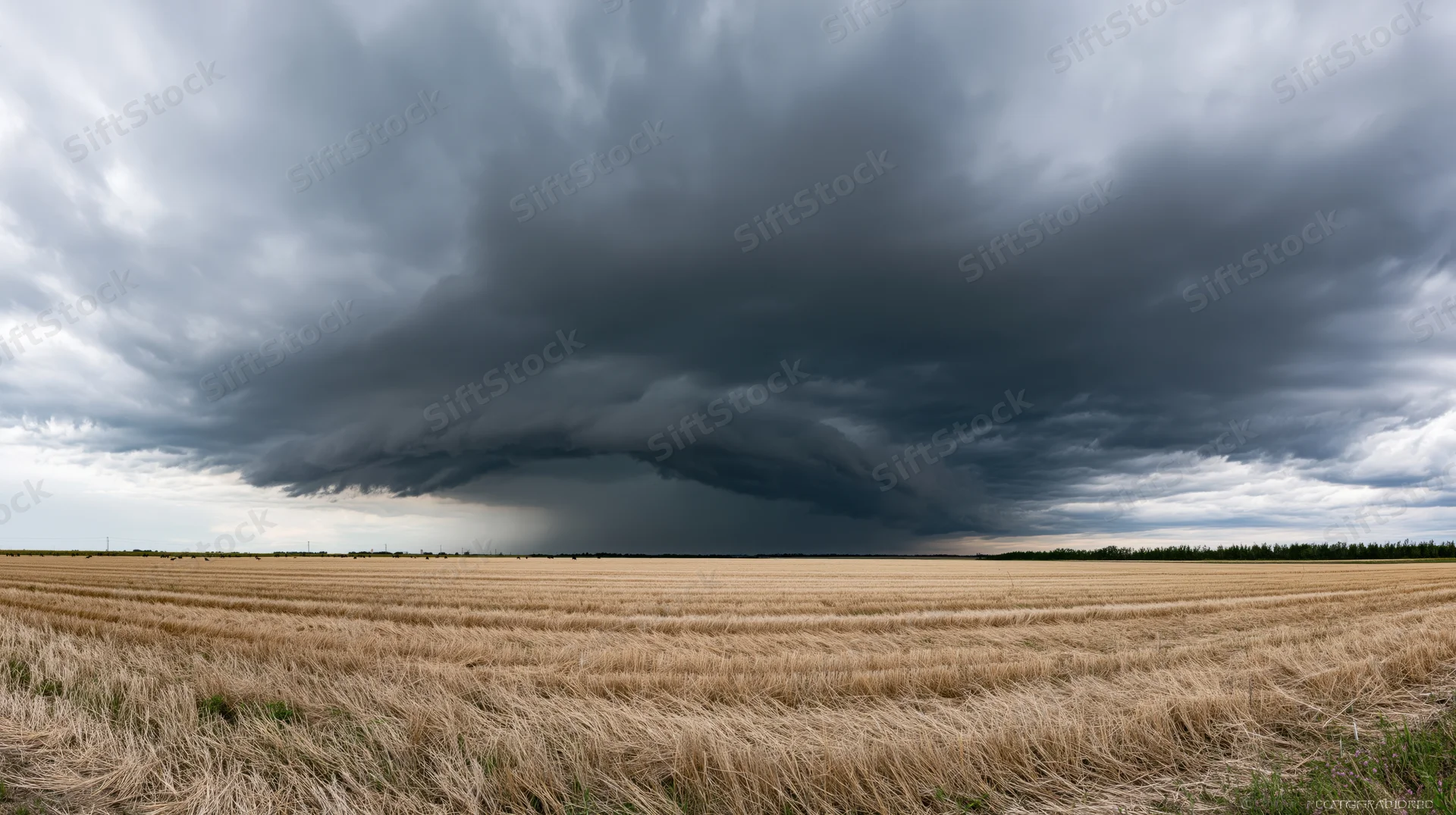 Massive supercell thunderstorm with rotating wall cloud over a harvested wheat field