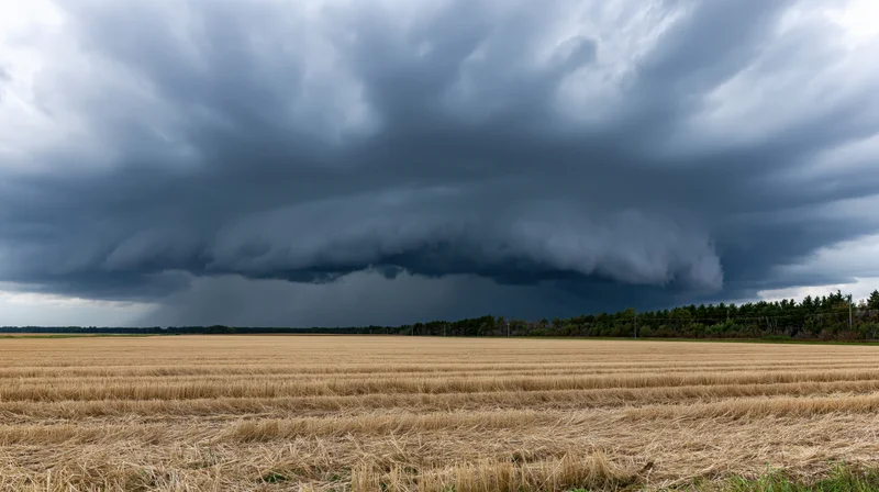 Massive supercell thunderstorm with rotating wall cloud over harvested wheat field