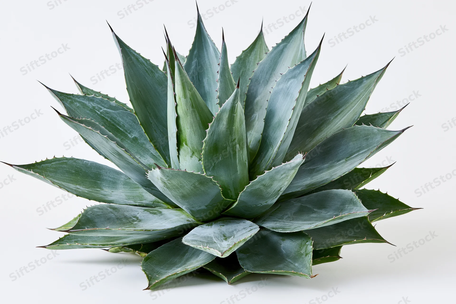 Mature agave plant with thick pointed leaves radiating outward on white background