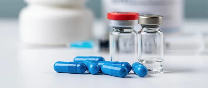 Blue capsules and glass vials arranged on a white surface with medical supplies in background