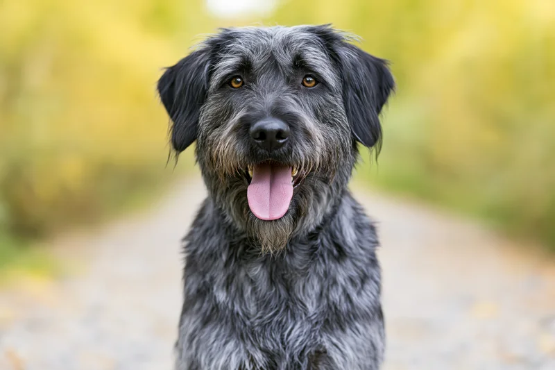 Grey and black mixed-breed dog sitting outdoors with tongue out on a gravel path surrounded by autumn foliage