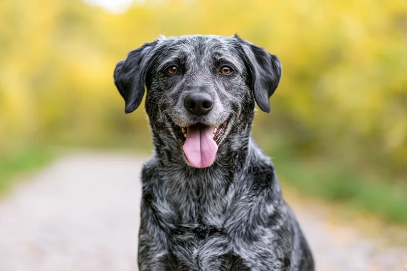 Grey and black mixed-breed dog sitting outdoors with tongue out on a gravel path surrounded by autumn foliage