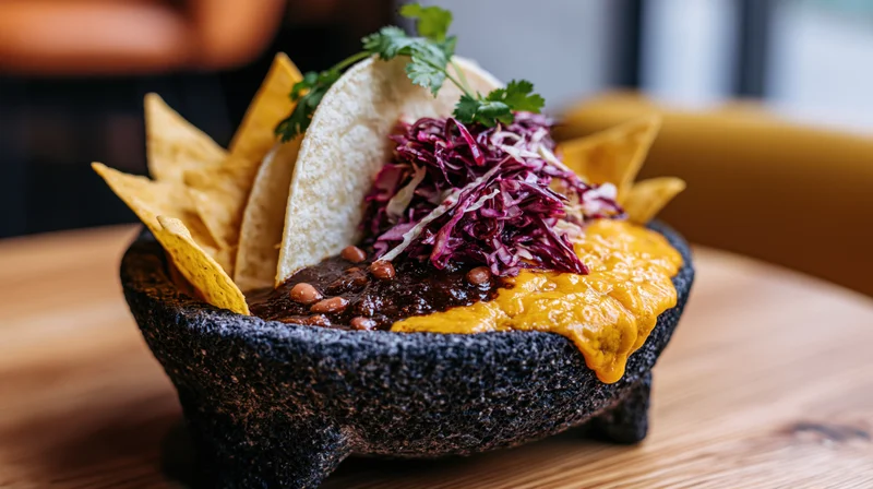 Mexican street food dish served in a rustic stone molcajete bowl with beans, cheese, tortilla chips, and cabbage topping on a wooden table