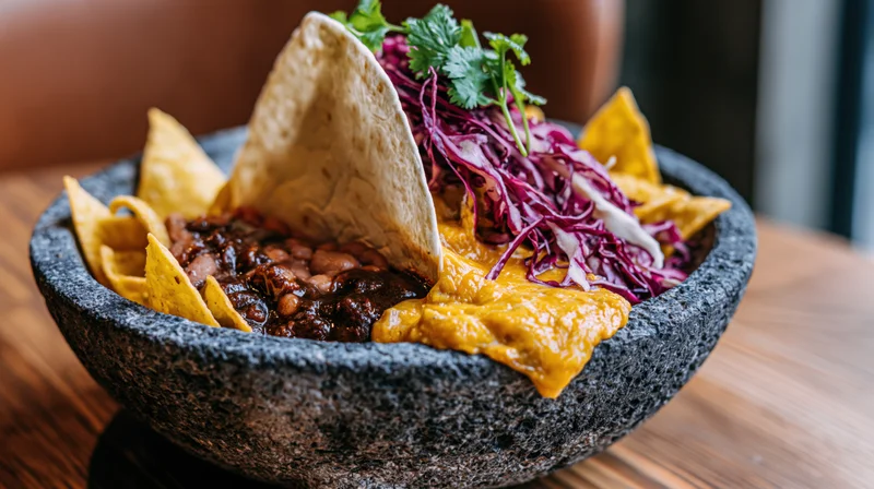 Mexican street food dish served in a rustic stone molcajete bowl with chili, beans, cheese, tortilla chips, and purple cabbage garnish on a wooden table