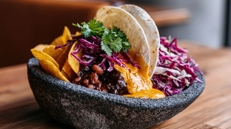 Mexican street food dish with nachos, beans, cheese and cabbage in a stone molcajete bowl on a wooden table