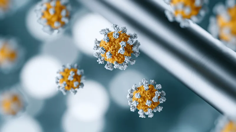Virus particles with yellow-orange cores and white spikes floating near a syringe in a lab setting