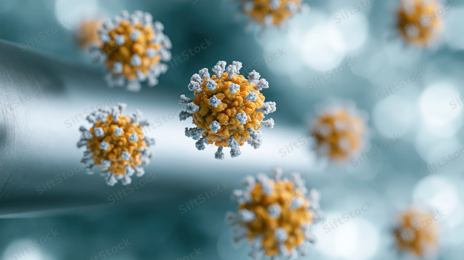 Floating virus particles with yellow-orange cores and white spikes against a blurred blue background
