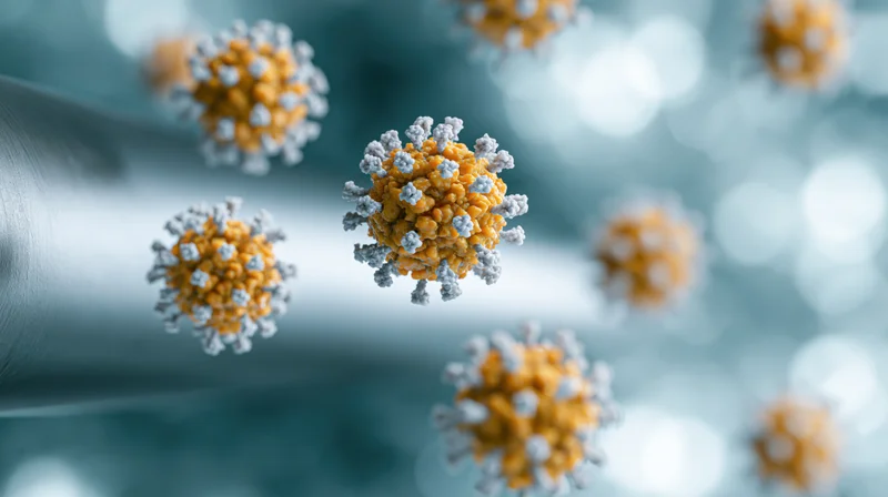 Floating virus particles with yellow-orange cores and white spikes against a blurred blue background