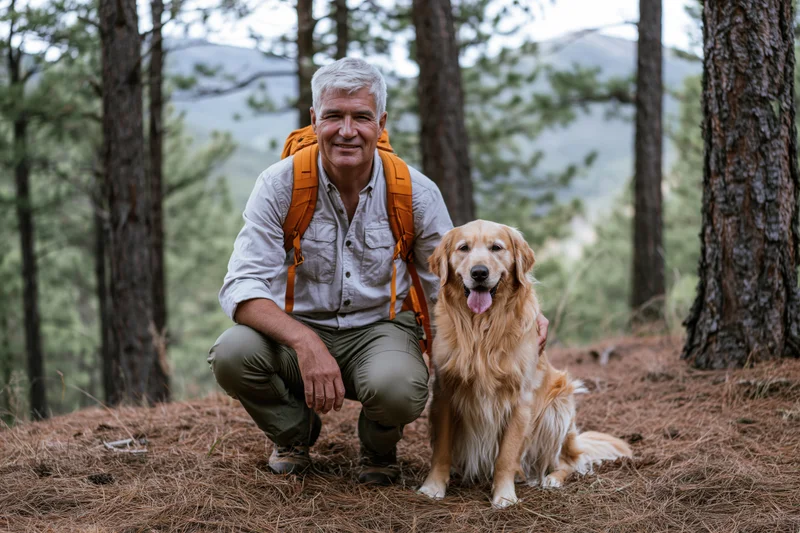 Senior man crouching beside golden retriever in forest with backpack on pine needle ground
