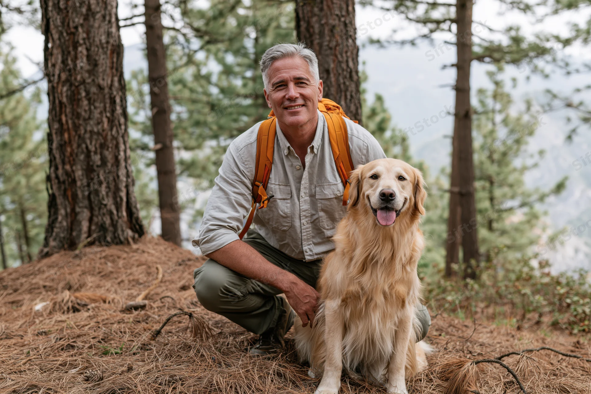 Senior man crouching beside golden retriever in forest clearing with backpack and pine trees