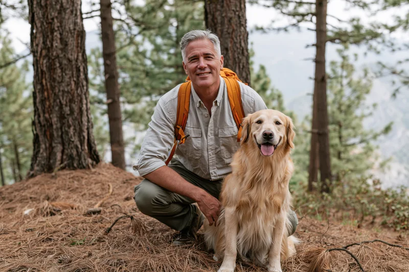 Senior man crouching beside golden retriever in forest clearing with backpack and pine trees